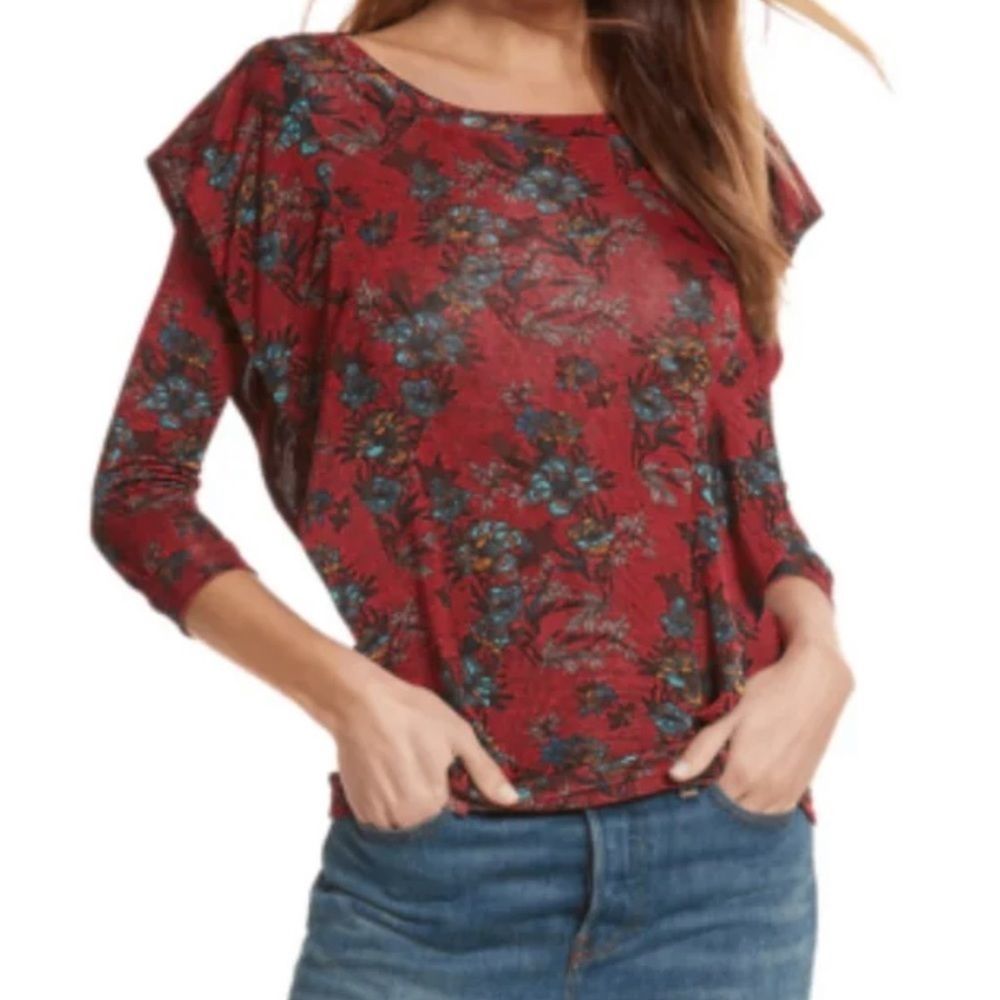 NWT $68 Free People | Dock | Ruffle Floral Blouse in Red
